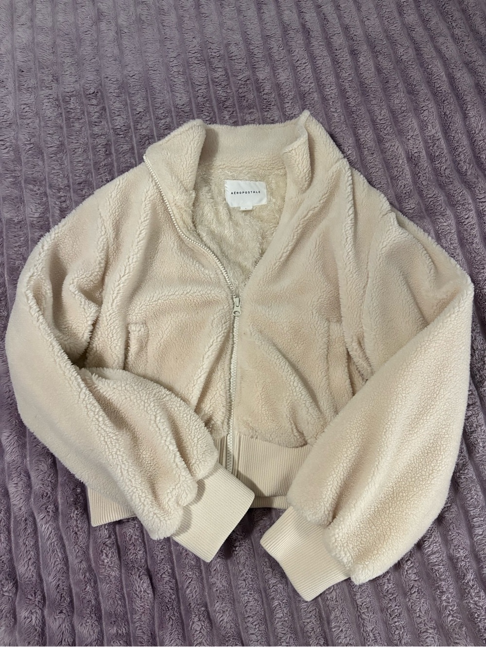 Aeropostale Cream Sherpa Zip Jacket with Ribbed Hem